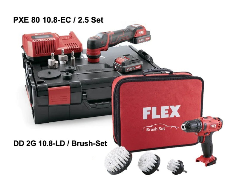 FLEX PXE 80 10.8-EC/2.5 Set + DD 2G 10.8-LD Drill Driver Set with 3x Carpet Brushes